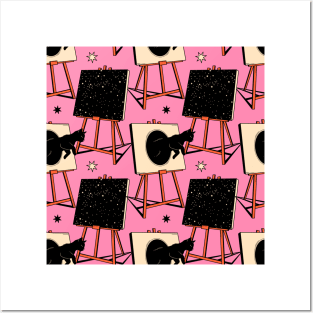Inspired Black Cat Pattern in pink Posters and Art